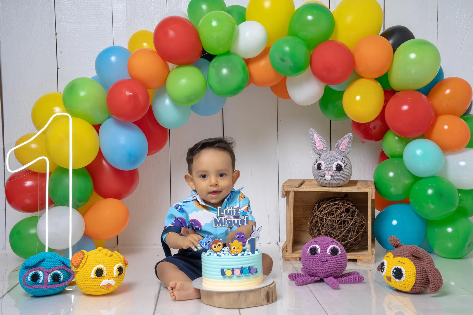 Bebê sorrindo com o bolo, tema bichinhos coloridos